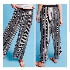 Anthropologie Elevenses Black & White Print Satin Wide Leg Pant Sz M
